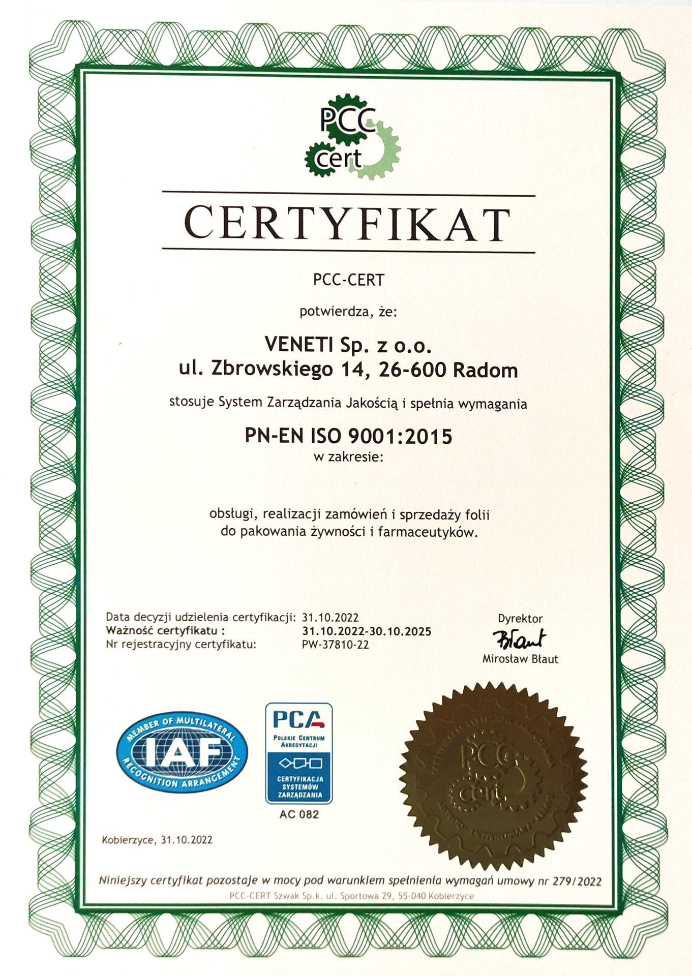 Certyfikat ISO 9001-2015 dostawca folii do pakowania żywności i farmaceutyków
